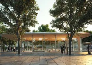 An artist's impression commuters walking around outside of the northern entrance of the new Sydney Metro Barangaroo Station, looking east.