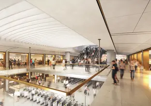 An artist's impression of commuters along the balcony of the south retail section of Sydney Metro's Martin Place Station.