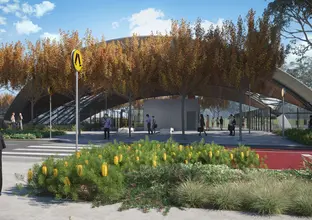 Artist's impression of a man talking on his mobile phone while standing across from Bella Vista Station.
