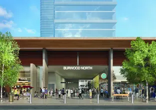 Artist's impression of commuters outside of Sydney Metro's Burwood North Station.