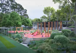 Artist's impression of the proposed Cheltenham playground and sheltered amenities building that stands among gardens and trees.