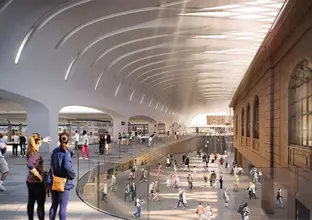 Artist's impression of commuters walking around the new Central upgrade at Eddy Avenue. Some people are on a raised level looking down at commuters below.