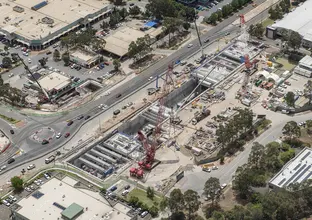 A bird's eye view of the construction site showing the underground work being done at Sydney Metro's Norwest Station.