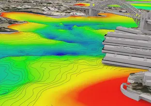 Digital heat map drawing representing the googology under Sydney Harbour.
