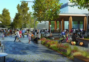 Artist's impression of commuters outside of Sydney Metro's Parramatta Station.