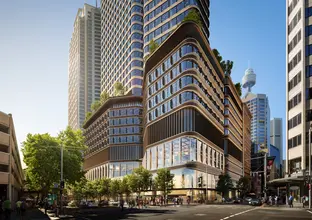 An artist’s impression of a podium-level shot of the Pitt Street Station north building, as viewed from the corner of Castlereagh Street.