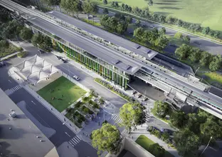 Artist's impression of a bird's eye view of Sydney Metro's Rouse Hill Station. 