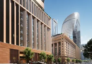 An Artist's impression of the entrance of Sydney Metro's Martin Place Station from Elizabeth Street looking North. 