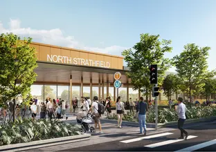 Artist's impression of commuters outside of Sydney Metro's North Strathfield Station.