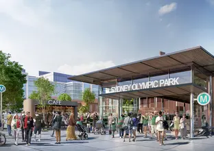 Artist's impression of commuters outside of Sydney Metro's Sydney Olympic Park Station.