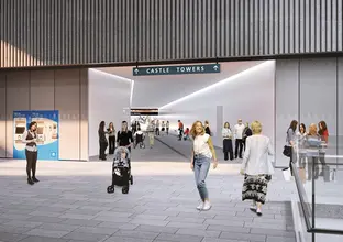 An Artist's impression of commuters walking through pedestrian link with signage displaying Castle Towers at Sydney Metro's Castle Hill Station. 