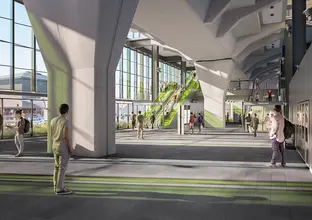 Artist's impression of people walking inside the concourse of Sydney Metro's Rouse Hill Station.