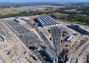 A bird's eye view of the completed train tracks at Sydney Metro's Train Facility at Rouse Hill.