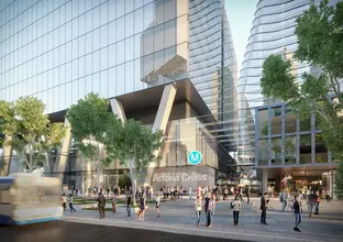 Artist's impression of people walking outside of Sydney Metro's Victoria Cross Station.