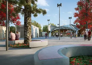 Artist's impression of a commuters walking outside at street level outside Castle Hill Metro Station.