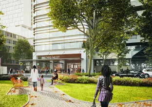 An Artist's impression of commuters walking through the park at Sydney Metro's Crows Nest Station.