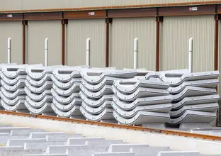 An on the ground shot showing rows on precast concrete segments lined up for production at Marrickville precast facility. 