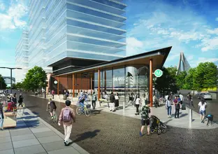 Artist's impression of commuters outside of Sydney Metro's The Bays Station.