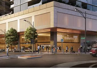Artists impression of commuters walking outside the station entrance of Sydney Metro's Waterloo Station.
