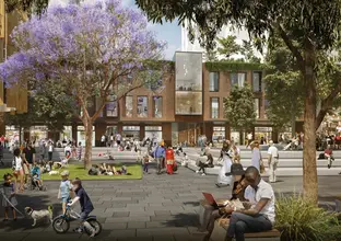 Artists impression of commuters walking outside the station entrance and sitting in the forecourt of Sydney Metro's Waterloo Station. 