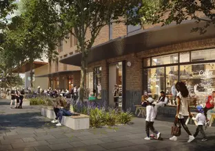 Artists impression of commuters walking outside the shops and cafes next to the station entrance of Sydney Metro's Waterloo Station.