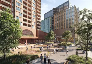 Artist's impression passengers commuting outside of Sydney Metro's Waterloo Station entrance.