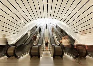 An artist's impression of commuters traveling up and down the 5 escalators at Sydney Metro's Victoria Cross Station. 