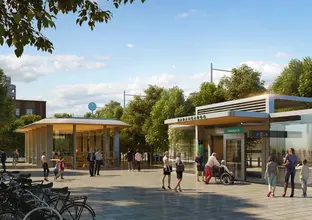 An artist's impression of the northern entrance of the new Sydney Metro Barangaroo Station from Hickson Road, looking north.