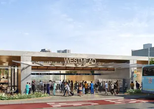 Artist's impression of commuters outside of Sydney Metro's Westmead Station.