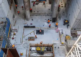 A bird's eye view of construction work at the north shaft of Sydney Metro's Pitt Street Station.