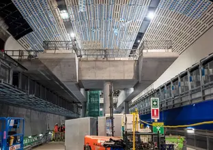 A view of the construction work happening inside the cavern at Sydney Metro's Victoria Cross station