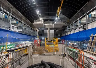 A view inside the cavern at Sydney Metro's Victoria Cross station construction site. 