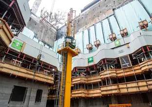 A ground up view of construction on the north site and access shaft of Sydney Metro's Victoria Cross Station.