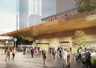 An artist's impression of commuters walking around outside the new Sydney Olympic Park metro station.