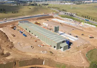 A bird's eye view of construction shed at Sydney Metro's Eastern Creek Station precast site.
