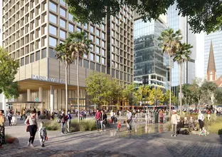 Artist's impression of commuters walking around outside the Eastern Entry of Parramatta Station