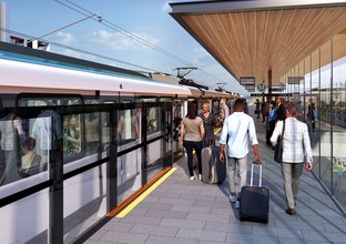 Artist impression of people walking along Luddenham Station platform. There is a Sydney Metro train pulling pulling into the platform behind the platform screen doors