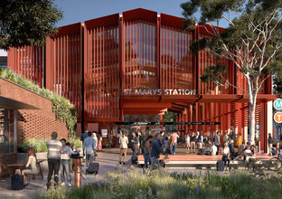Artist's impression commuters walking outside of the new St Marys Metro Station.