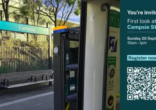 Image of Campsie station platform with QR code linking to events (link also in article)