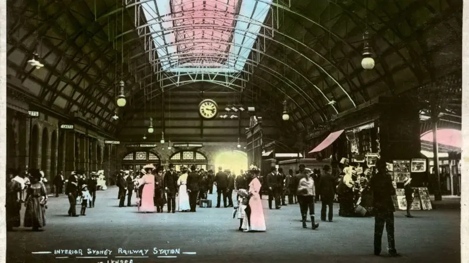 A postcard from c.1908 from the City of Sydney Archives:000245, showing commuters at the Grand Concourse at Sydney's Central Station.