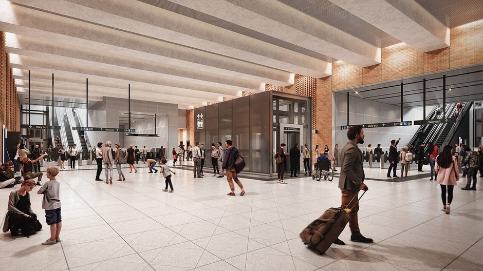 Artist's impression of passengers walking through Crows Nest Station concourse
