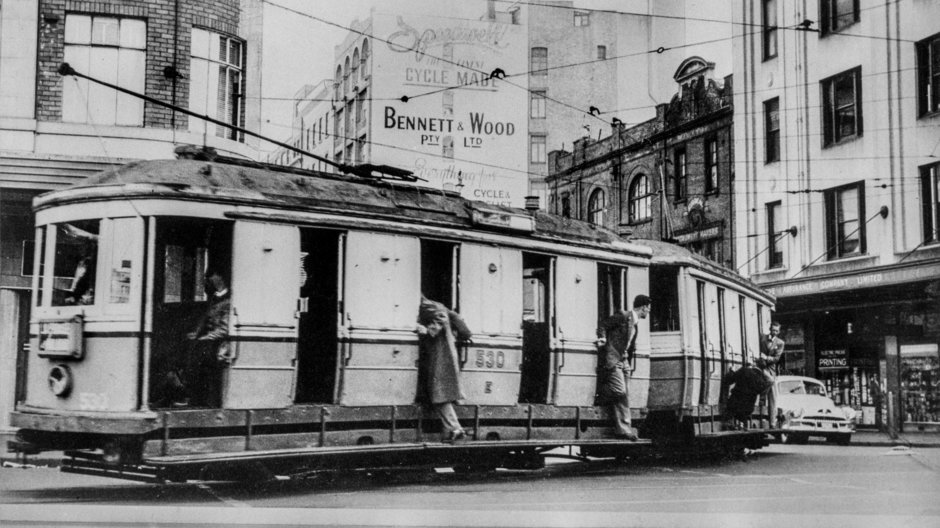 Customers travelling by tram, corner of Park and Pitt streets