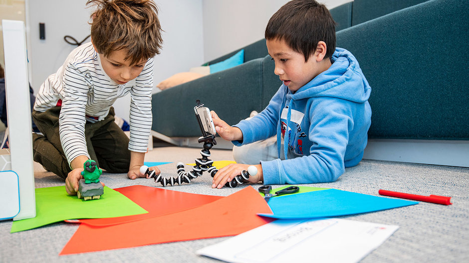 Two students participating in the Sydney Metro Stop motion animation workshop