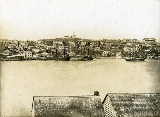 Black and white photo of a rooftop view of Millers Point as seen from McMahons Point in 1870.