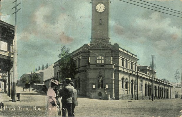 A colourised photo of people standing outside of the North Sydney Post Office, circa 1900s.