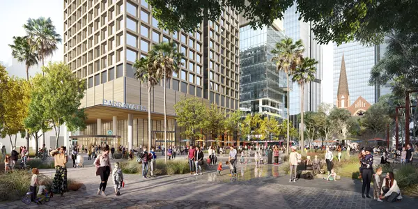 Artist's impression of commuters walking around outside the Eastern Entry of Parramatta Station