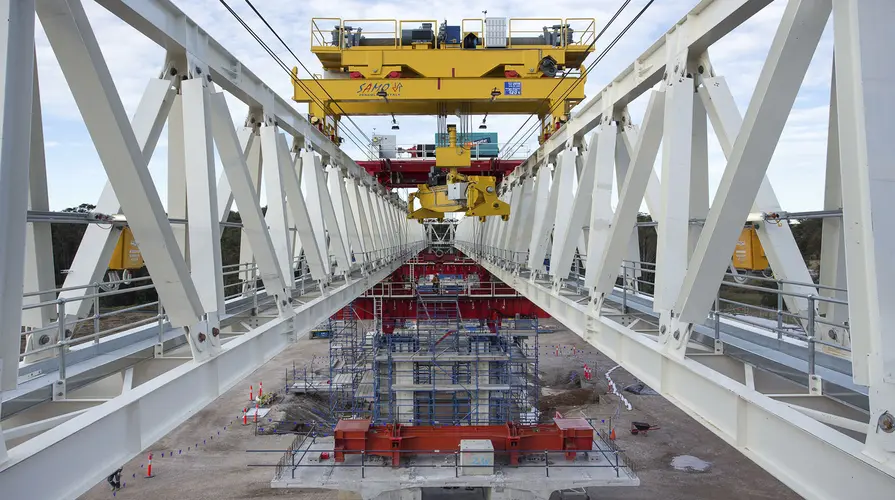 A view down the white skytrain bridge that's under construction at Tallawong Station.