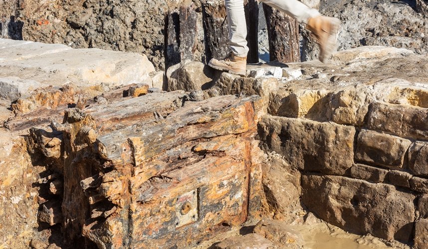 A close up look at part of the old boat found in sandstone at the site of the future Barangaroo Station.