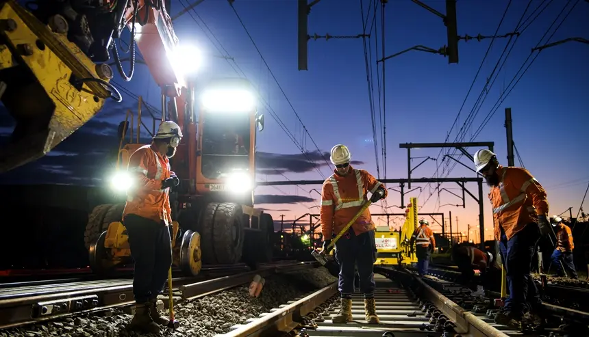 An on the ground view looking at a group of three construction workers laying tracks down on the track line between Sydney Metro's Sydenham and Bankstown Stations  at sundown with the crane digger lights shining bright in the background.