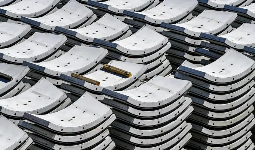 A close up shot from above showing the precast segments piled and lined up ready for installation at Sydney Metro's Marrickville Station.